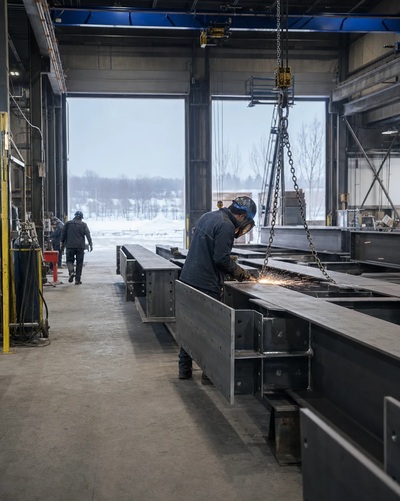 Aires de fabrication de structures d’acier dans un atelier en activité