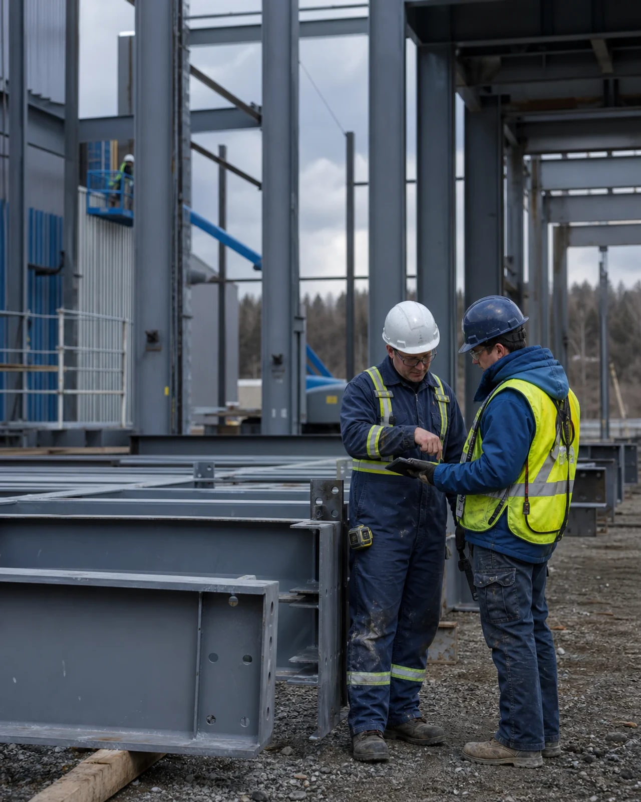 Ingénieur et superviseur de chantier examinant des composants d’acier fabriqués