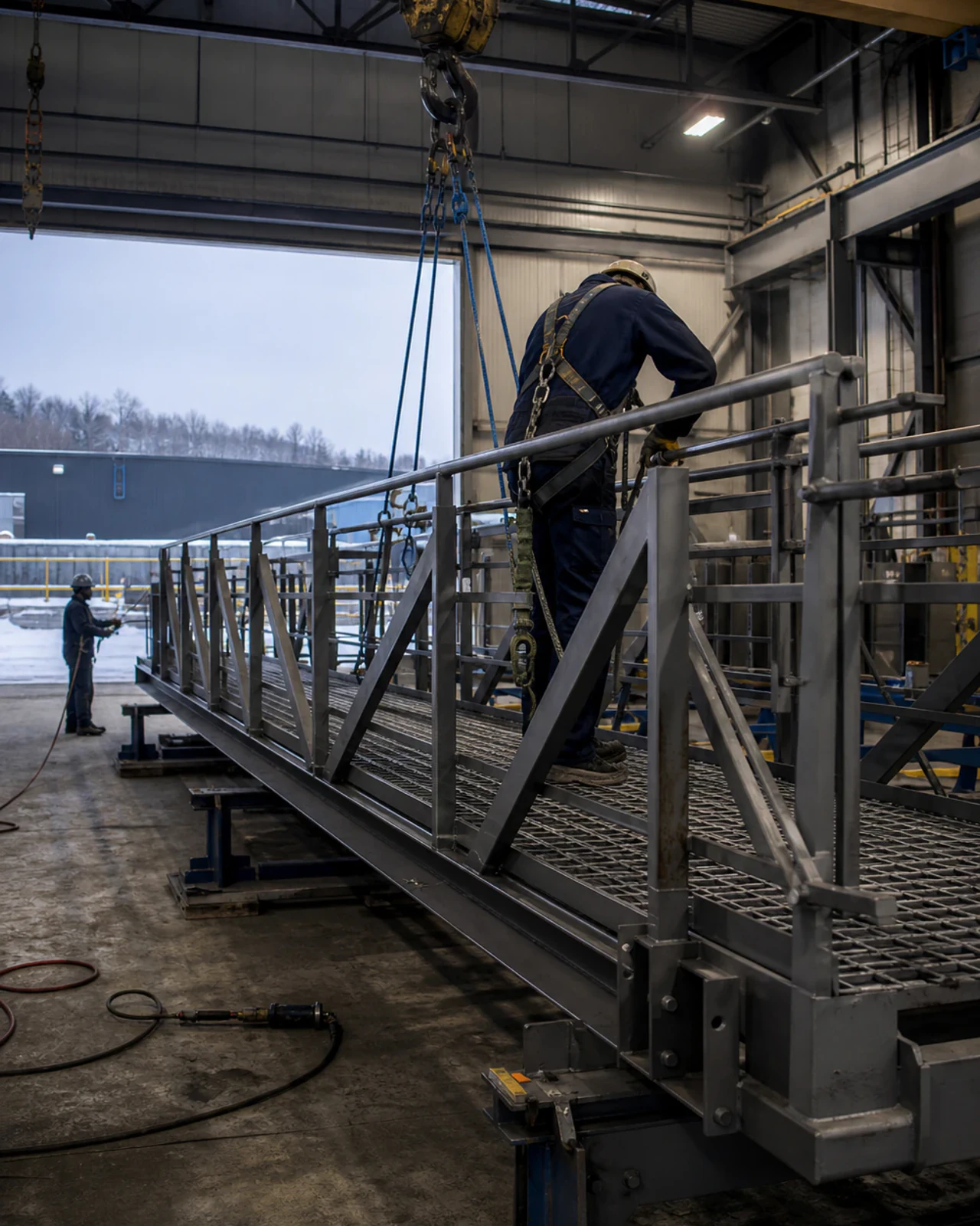 Steel walkway span during shop assembly