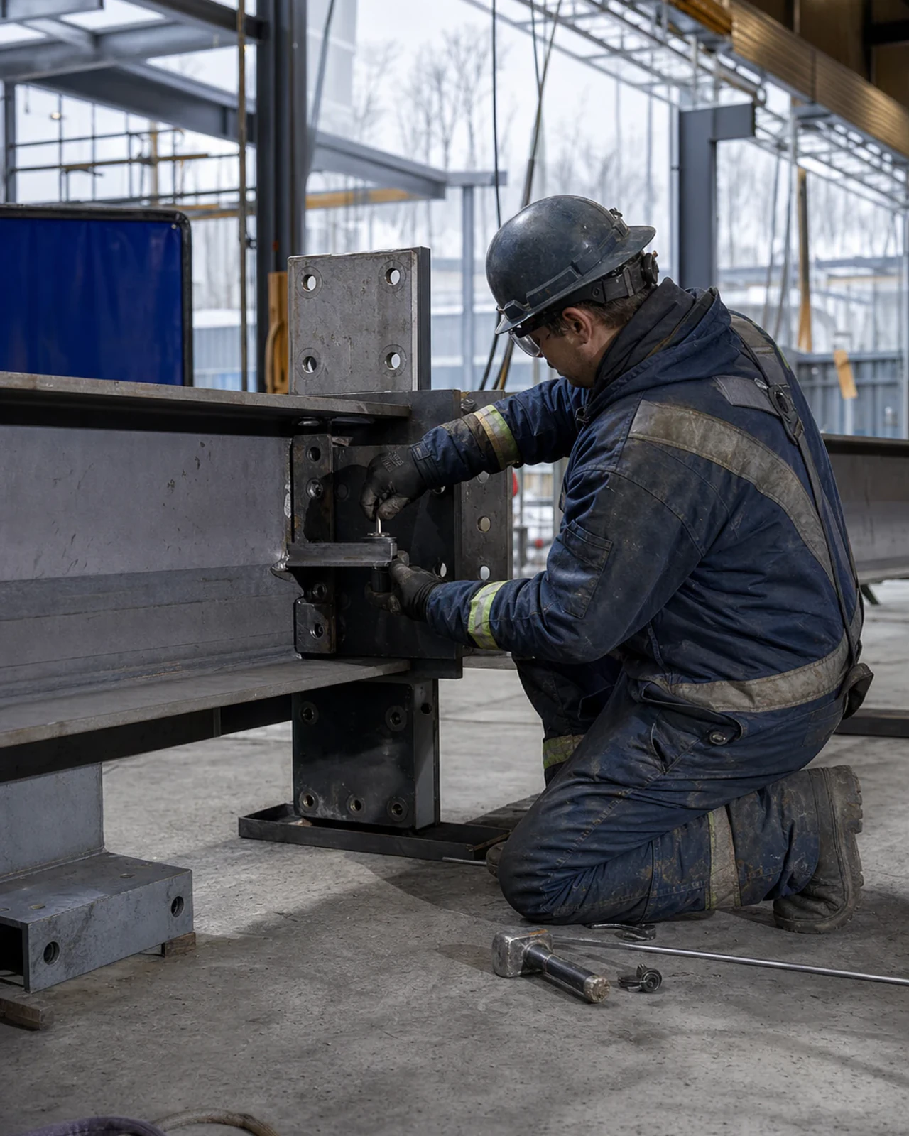 Fitter preparing a steel walkway connection for fabrication