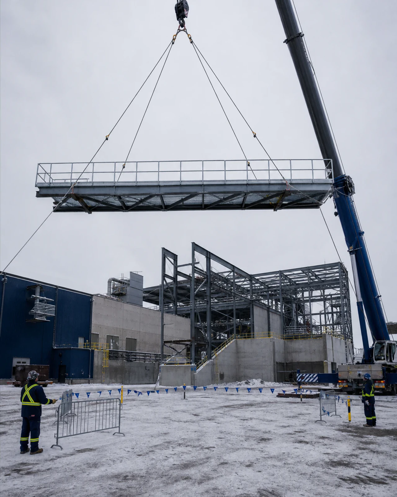 Steel walkway span arriving at a prepared jobsite