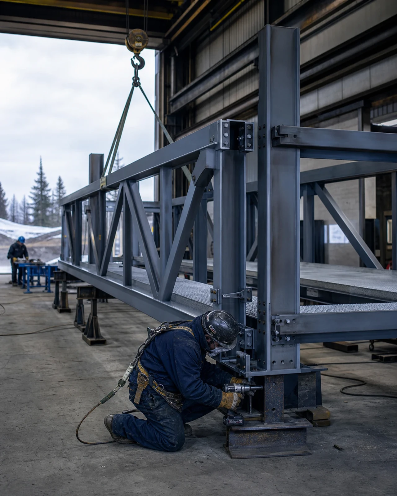 Charpente et assemblages d’une passerelle en acier durant la fabrication en atelier