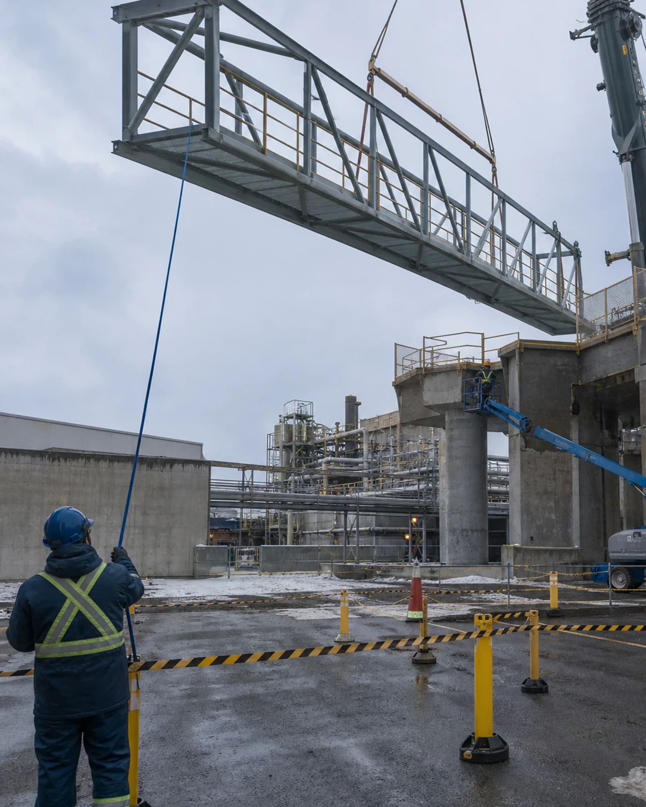Travée de passerelle en acier en cours de mise en place dans une installation industrielle