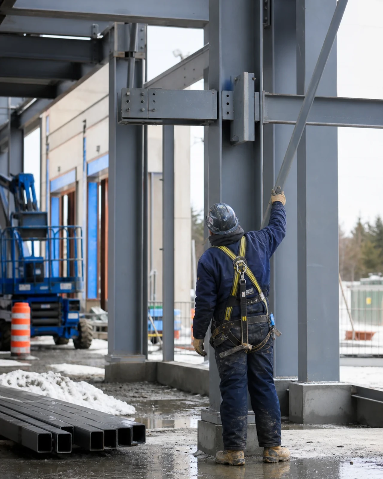 Interface de charpente d’acier vérifiée durant la construction d’un bâtiment