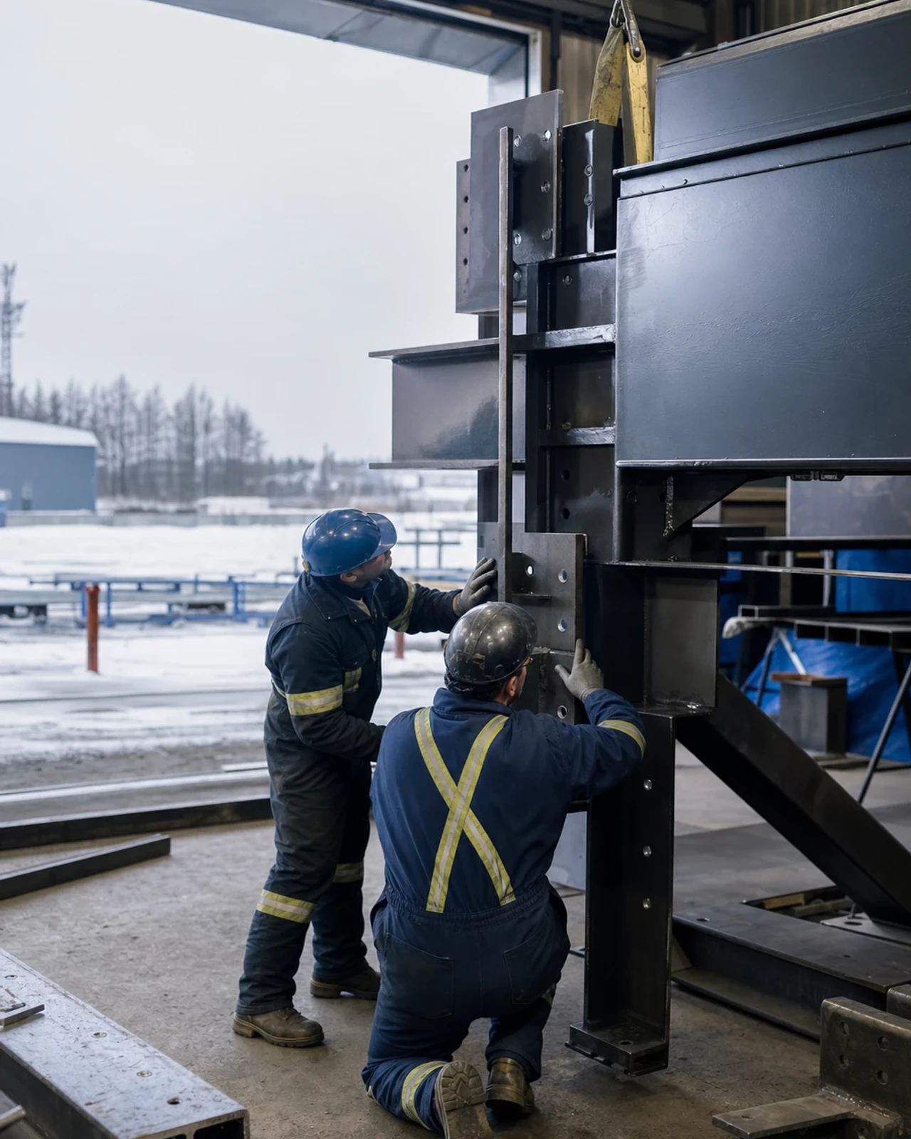 Tradespeople checking the fit-up of a steel assembly