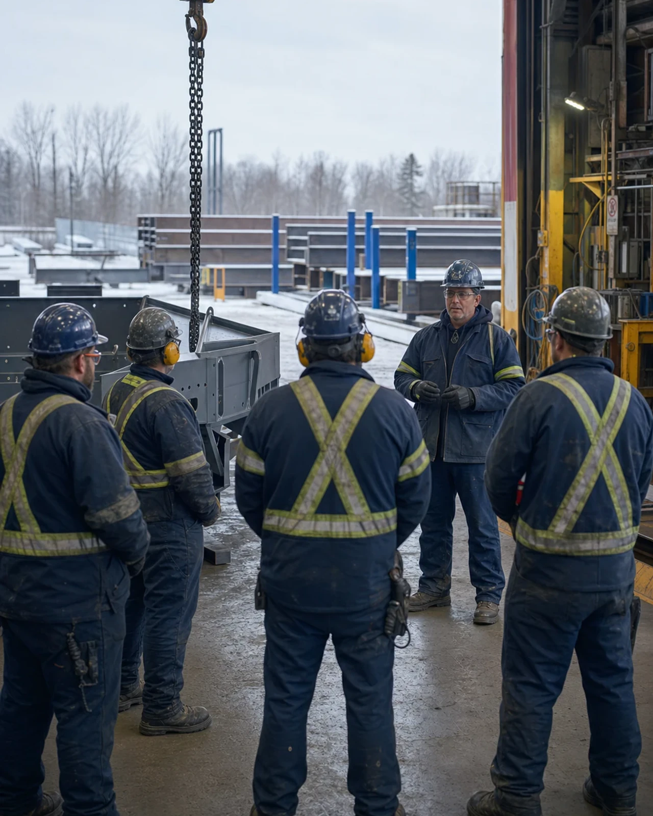 Workshop crew taking part in a pre-shift safety briefing