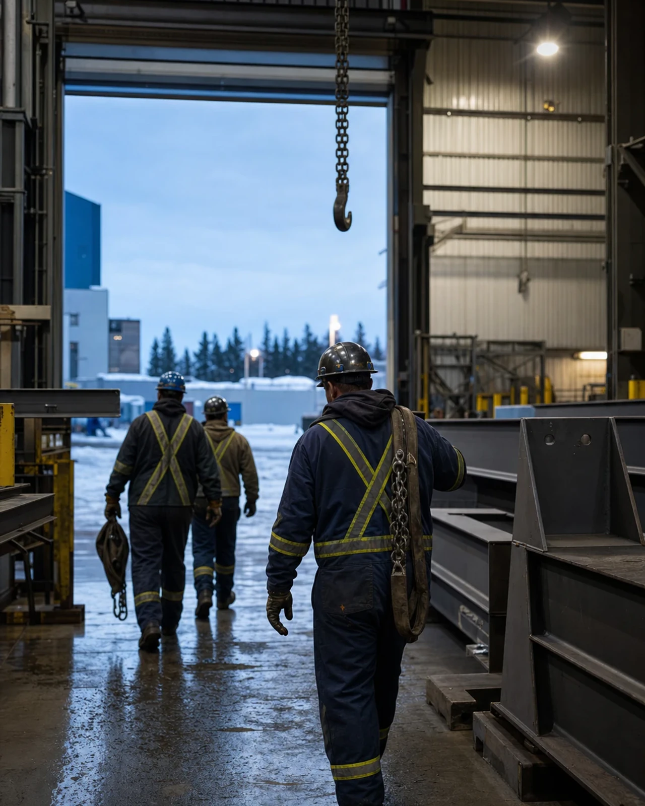 Tradespeople finishing a shift in an industrial workplace
