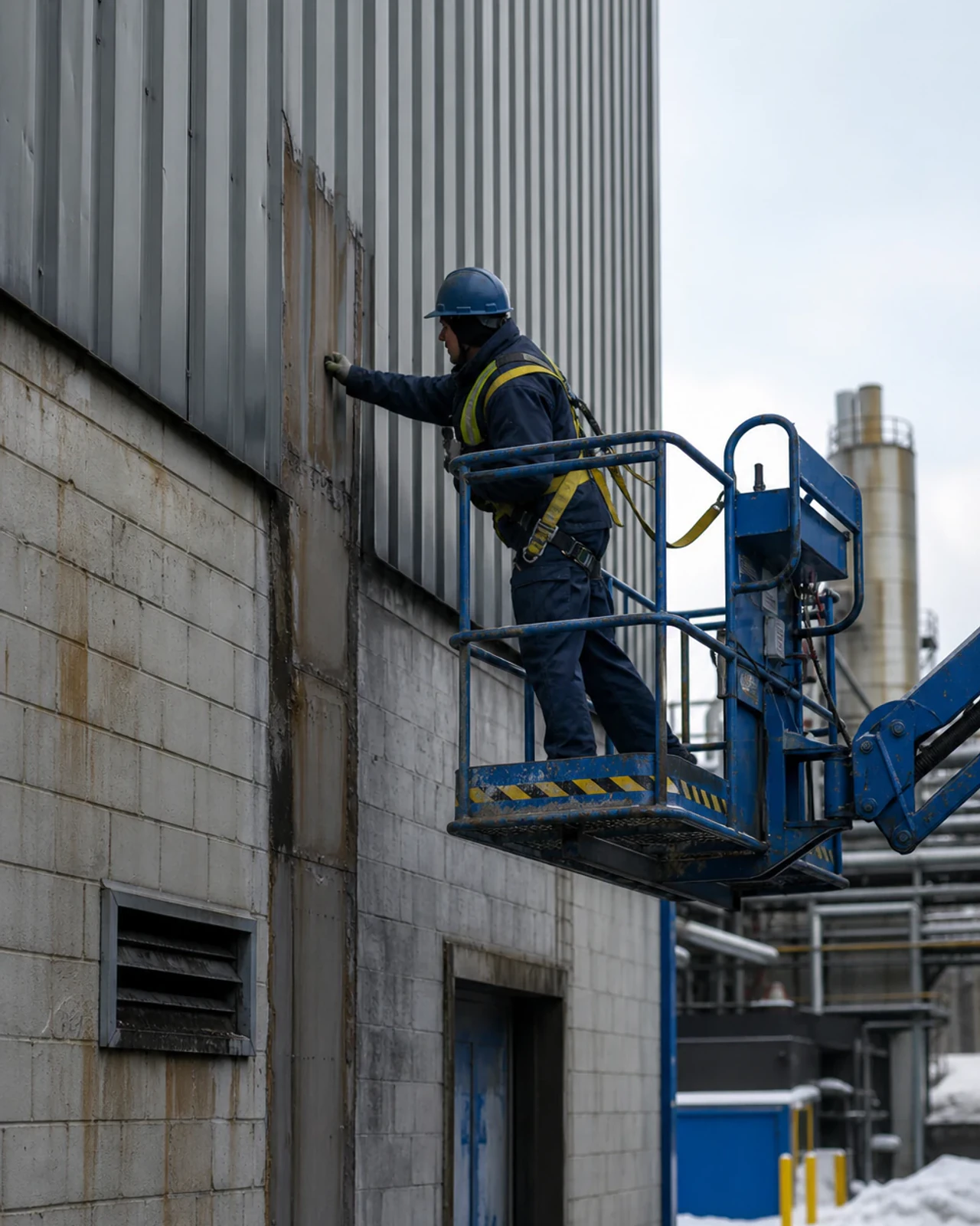 Existing industrial facade being assessed for cladding work