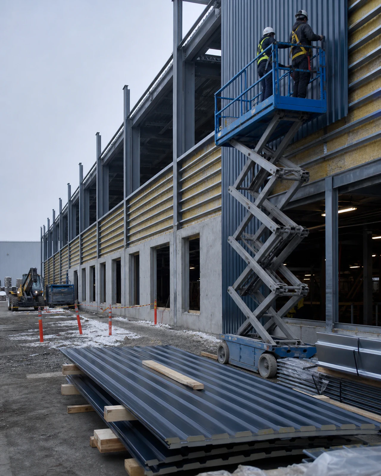 Access equipment and cladding material staged beside an industrial facade