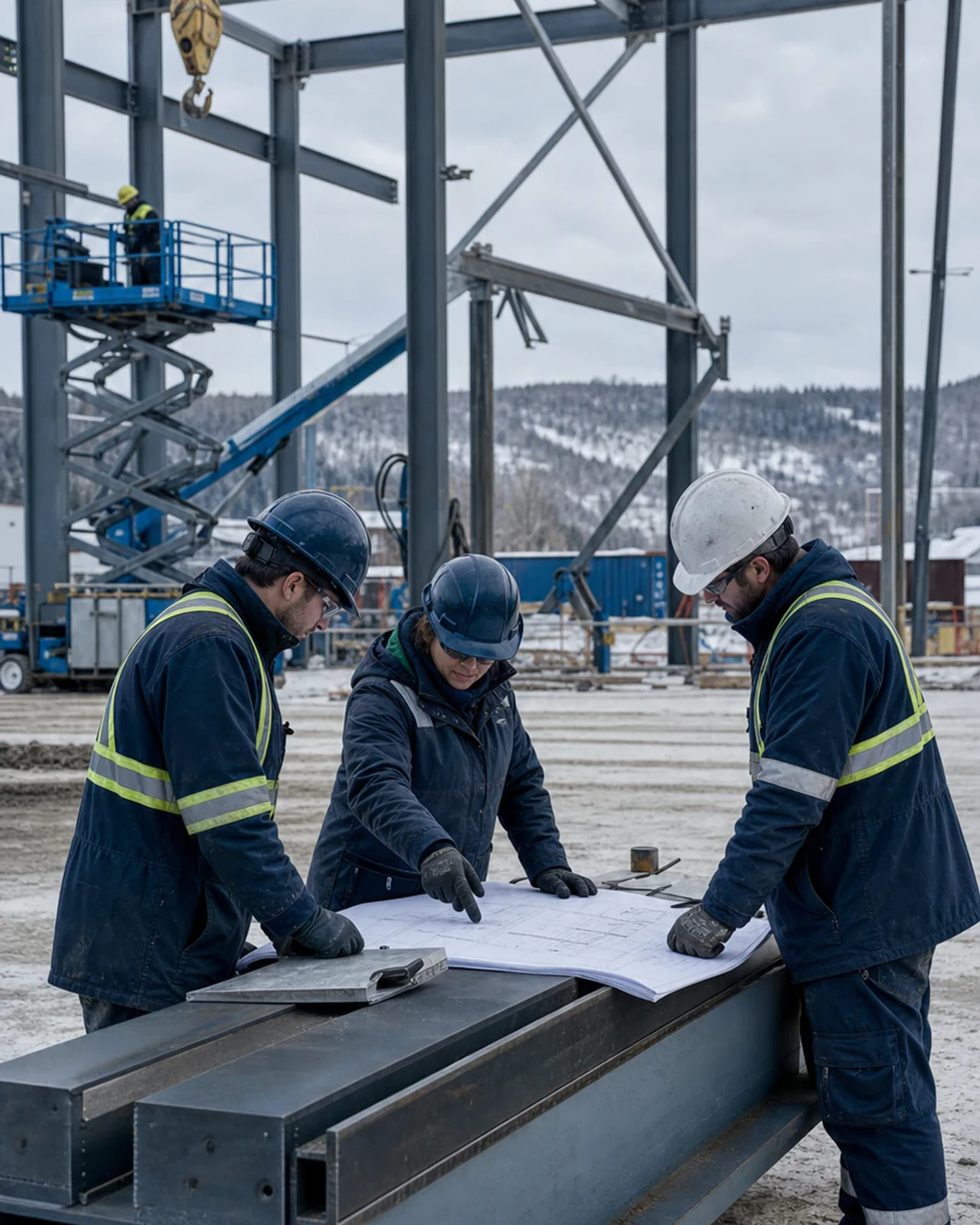 Technical team defining a structural-steel scope at the site
