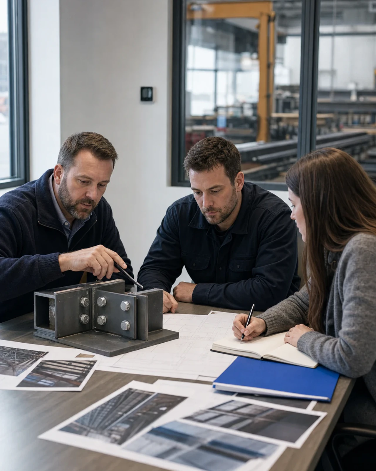 Project team reviewing a structural-steel scope at a table