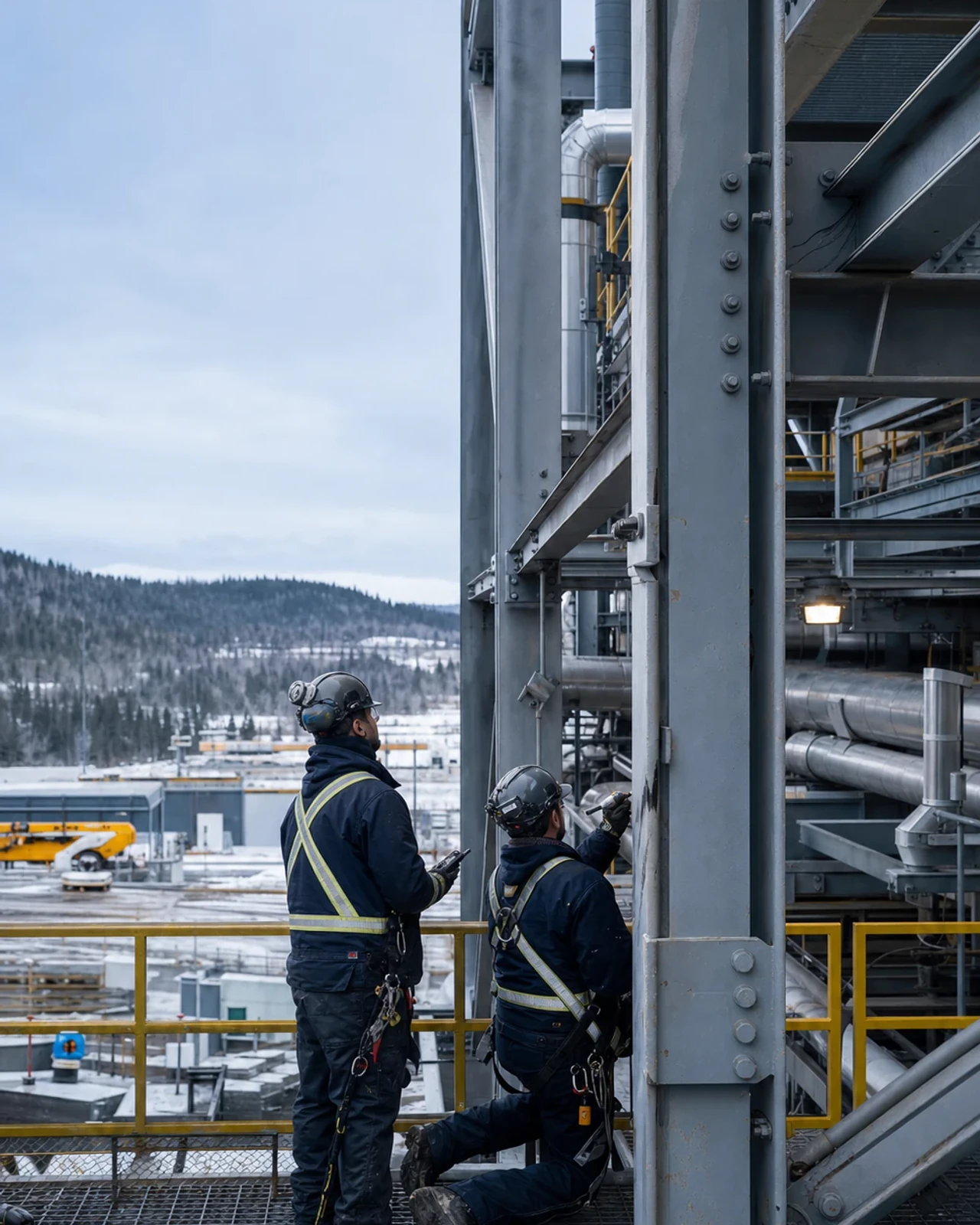 Field crew inspecting an existing industrial steel support