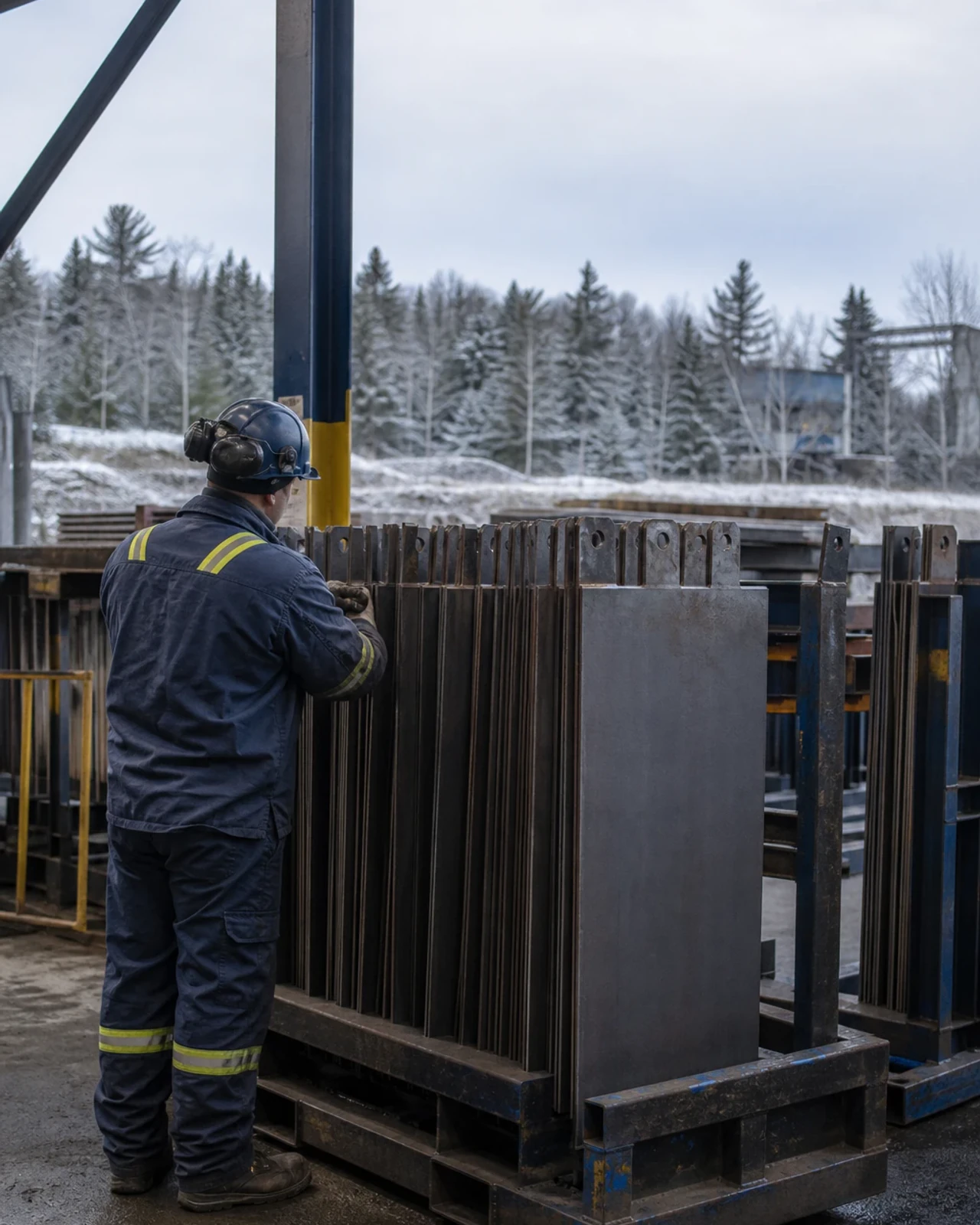 Metal cathode plate blanks organized in handling racks