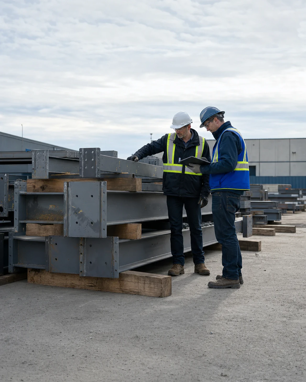 Technical teams coordinating the handoff of fabricated steel