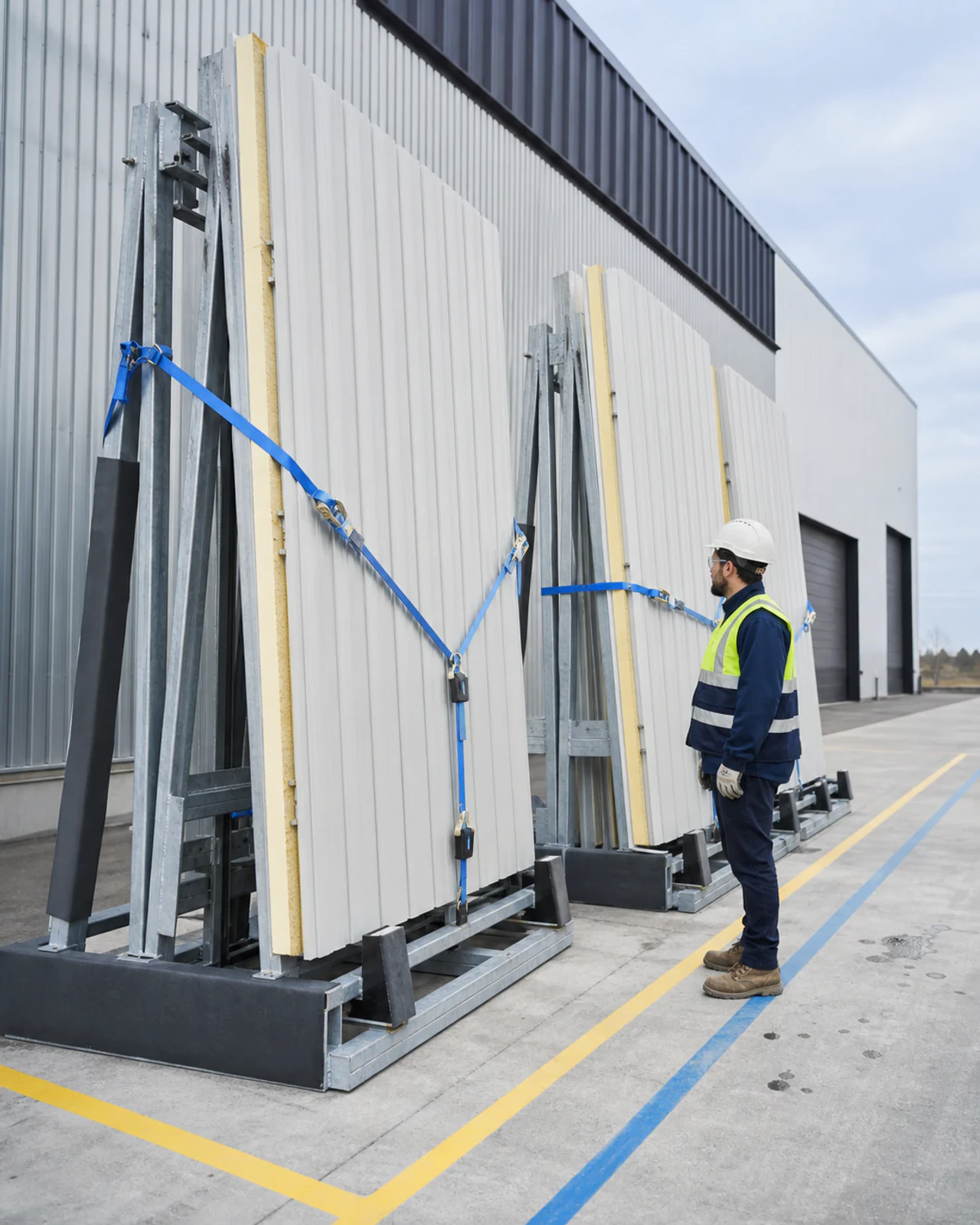 Panneaux de revêtement préparés pour l’installation sur une façade industrielle