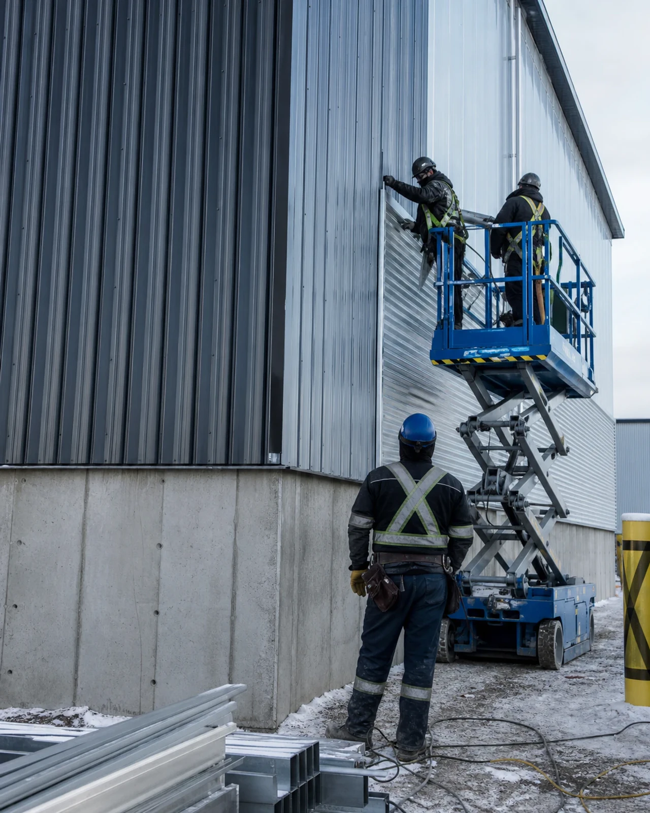 Détail de transition d’un revêtement métallique sur une façade industrielle