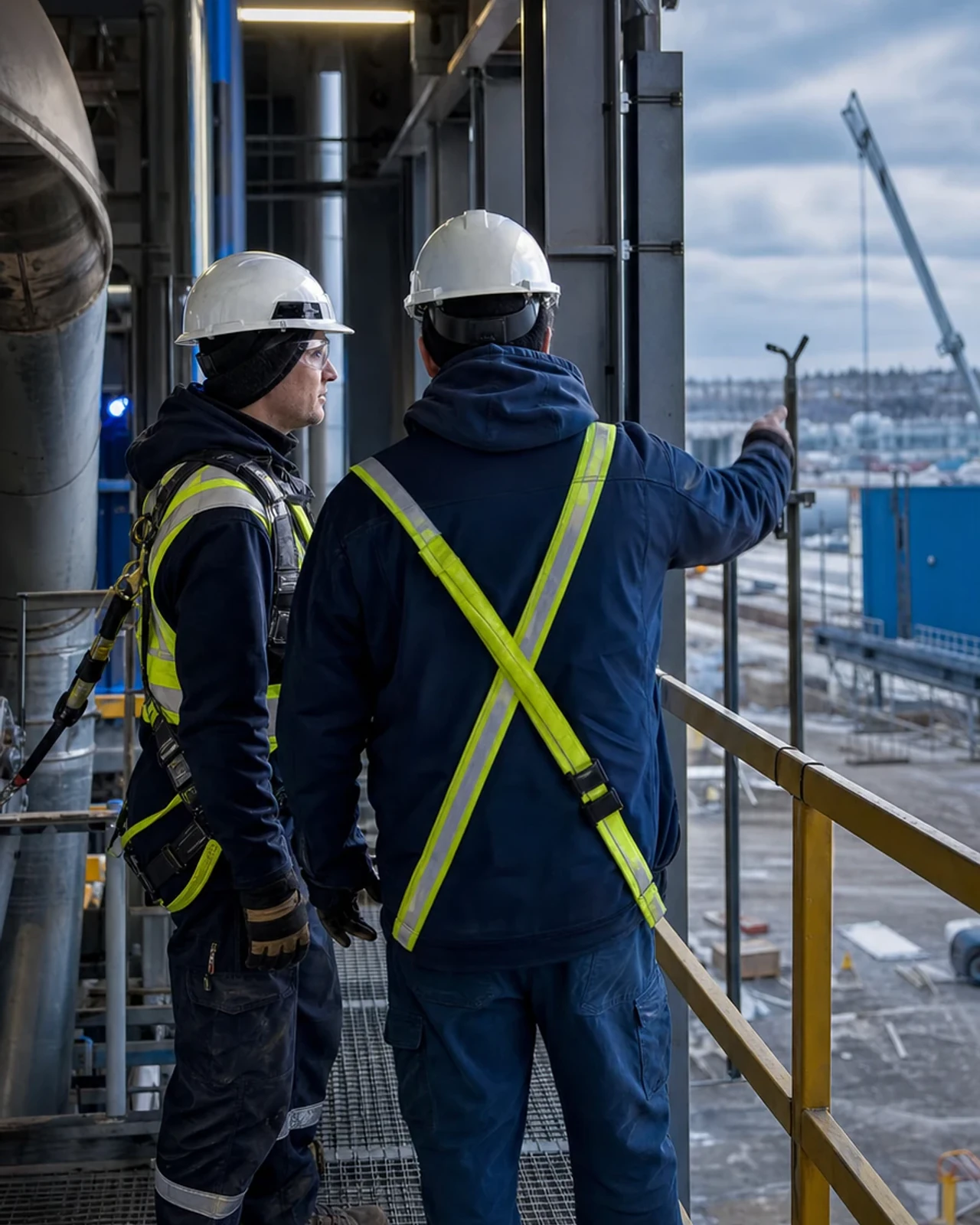 Responsables de projet effectuant une vérification de sécurité dans une installation industrielle