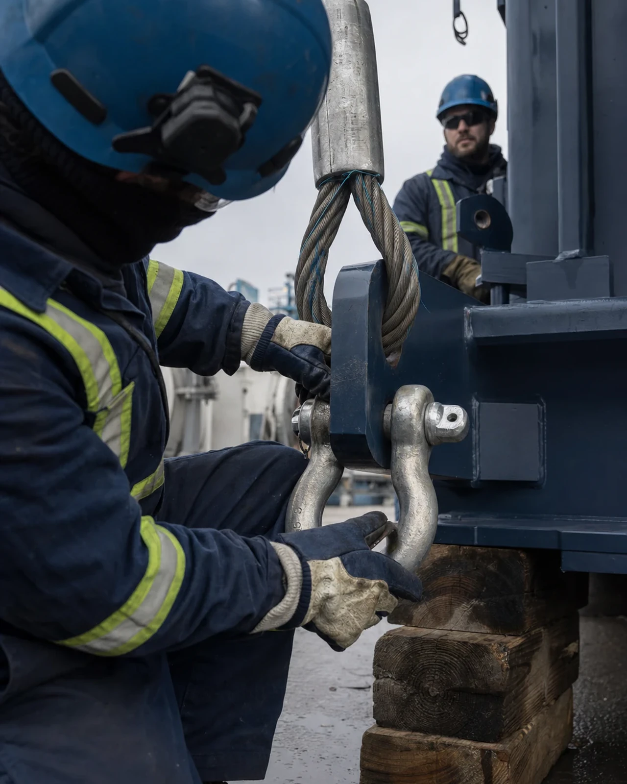 Dispositif de gréage inspecté avant des travaux de manutention lourde