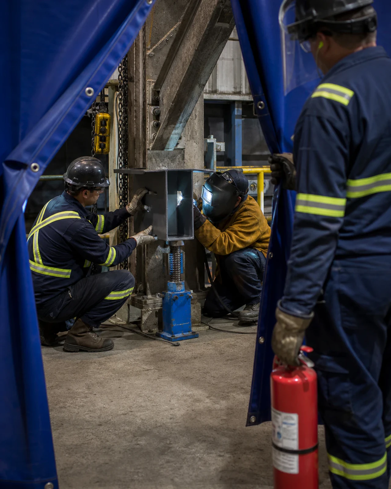Gens de métier remplaçant un composant d’acier durant des travaux industriels planifiés
