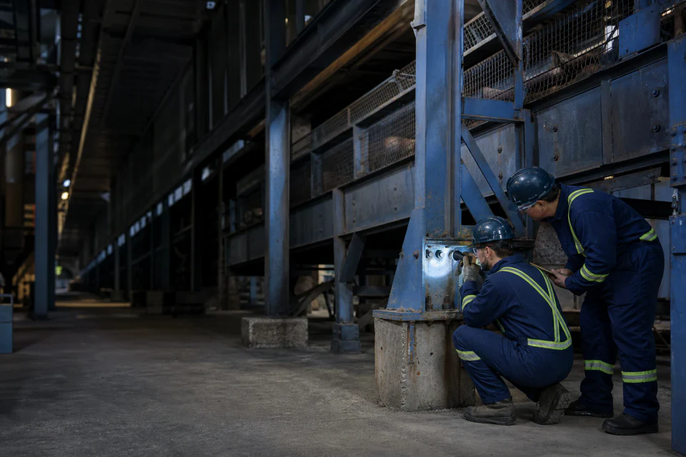 Équipe de maintenance industrielle inspectant un support existant en acier