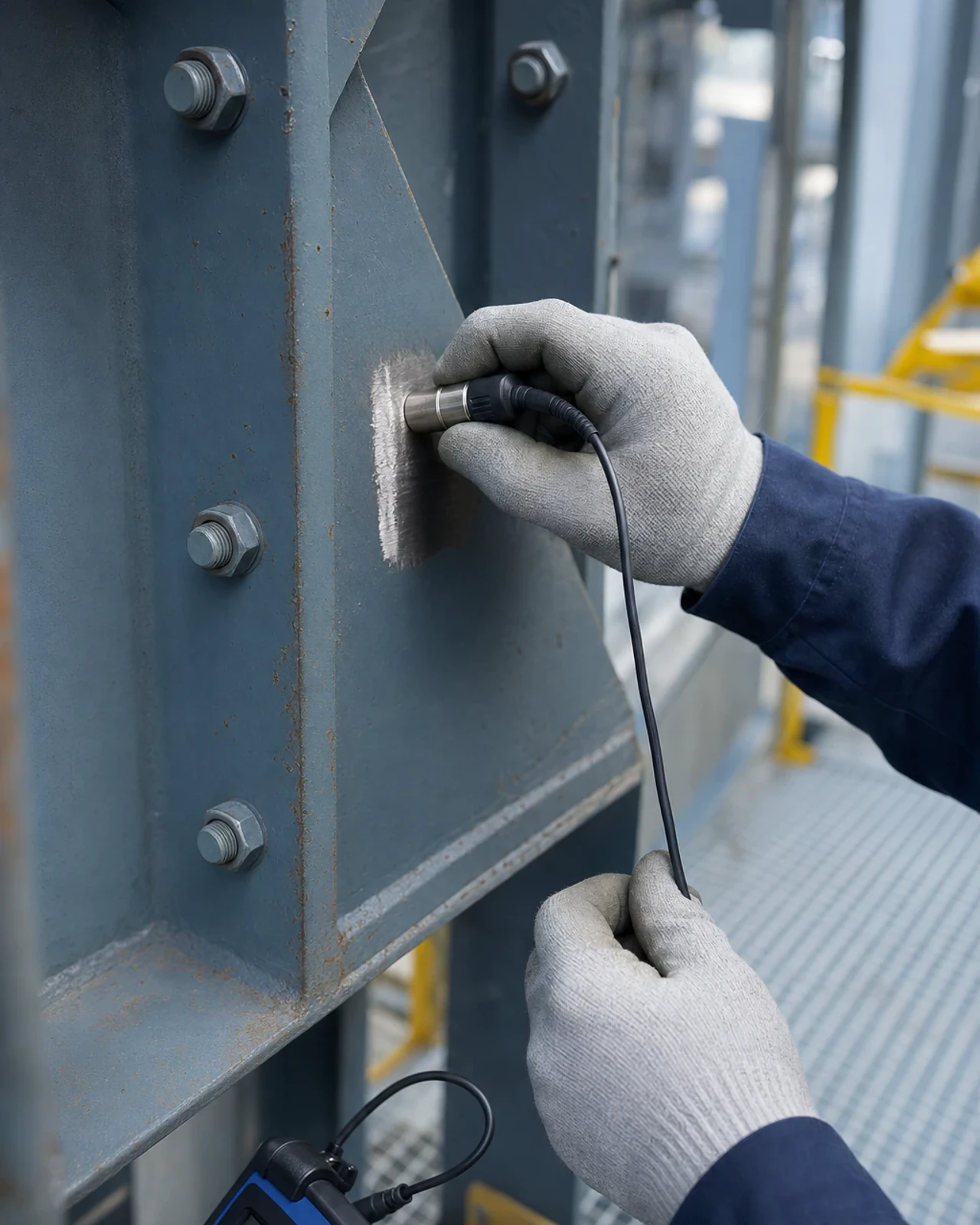 Technicien évaluant l’état d’un assemblage en acier dans une installation industrielle