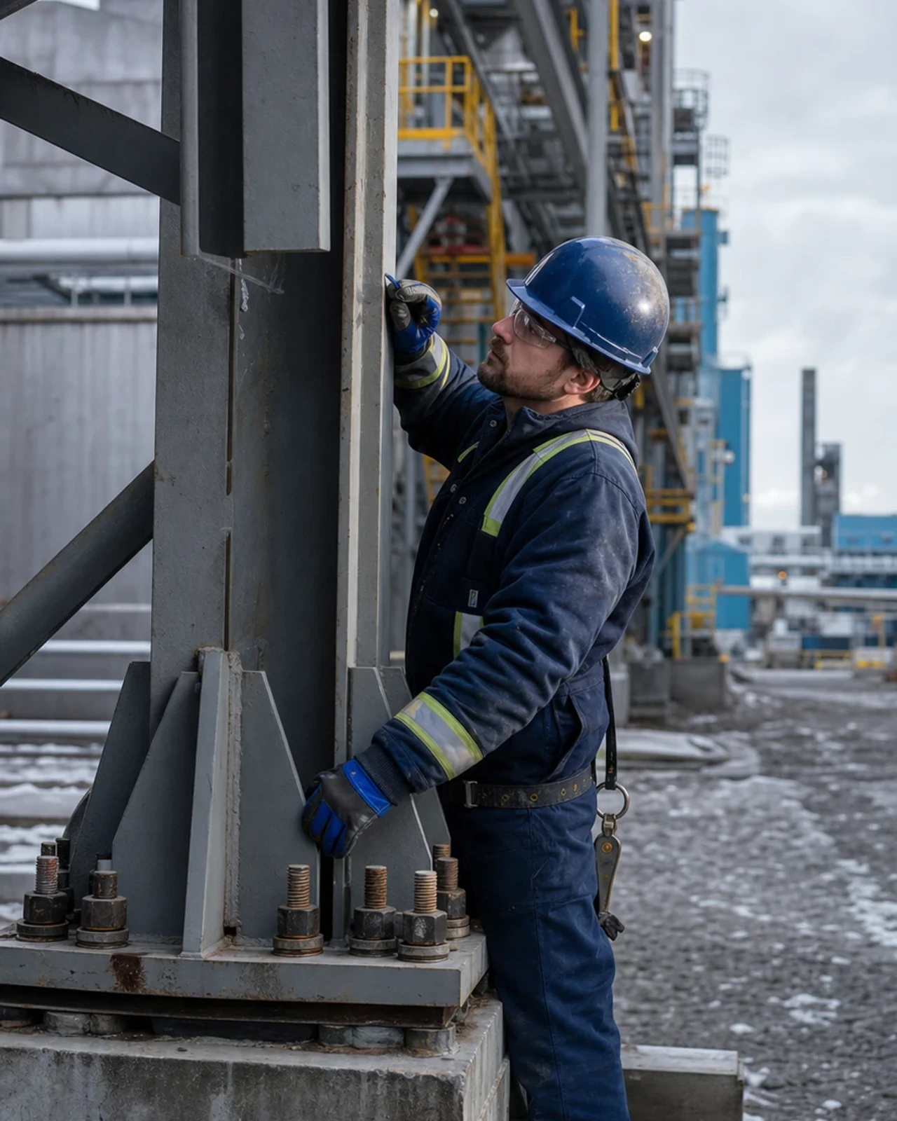 Technicien de maintenance inspectant un support en acier dans une installation industrielle