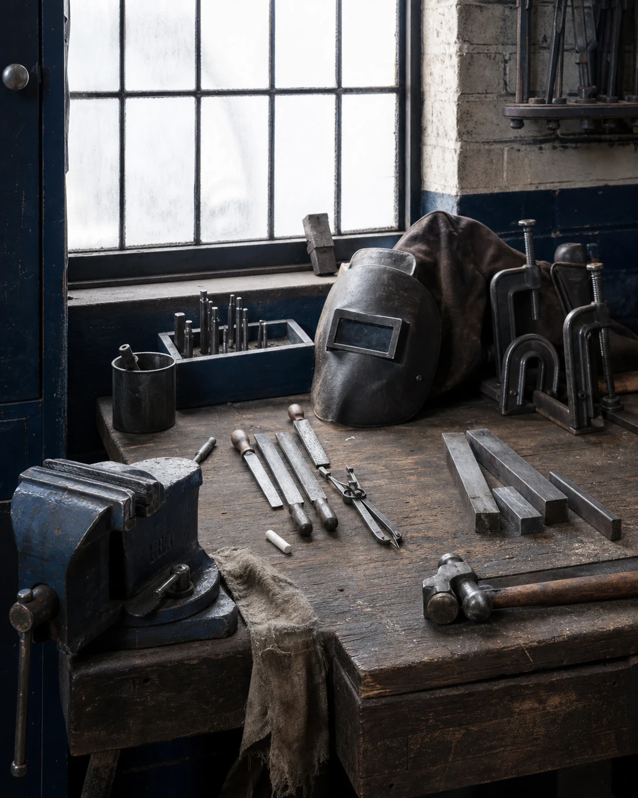 Aged metalworking tools evoking the early days of a small workshop