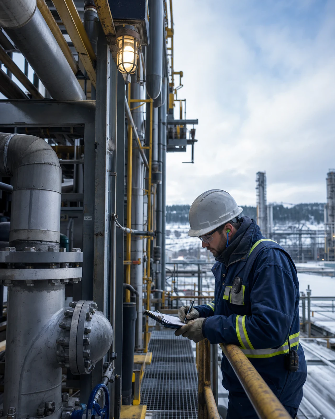 Technicien recueillant des données sur le terrain avant les travaux d’un arrêt d’usine