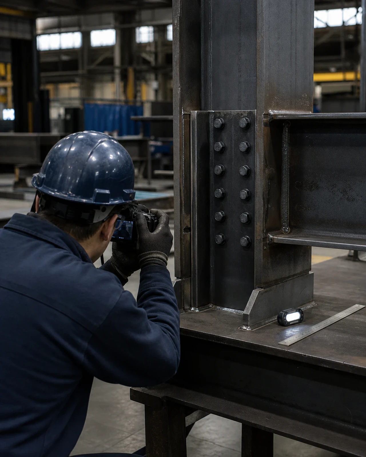 Technician documenting a completed structural-steel connection