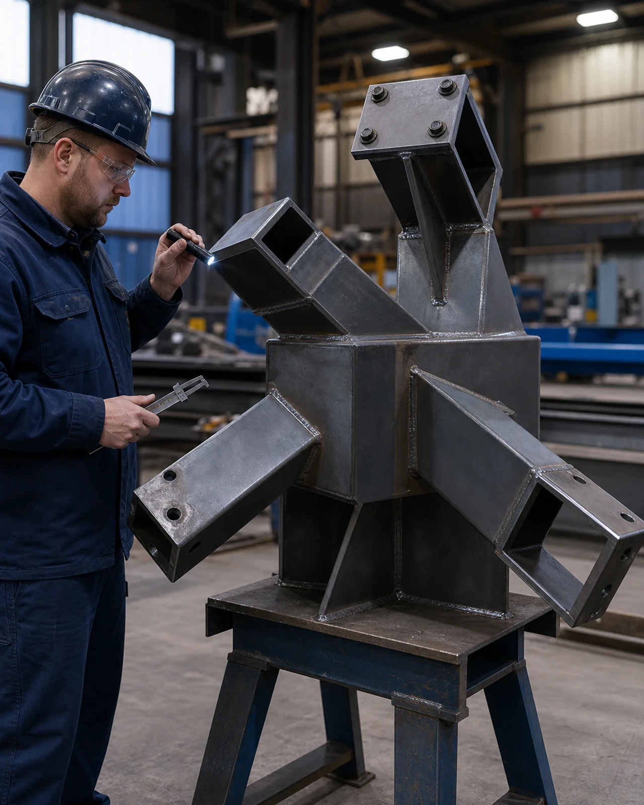Custom fabricated steel node prepared for inspection