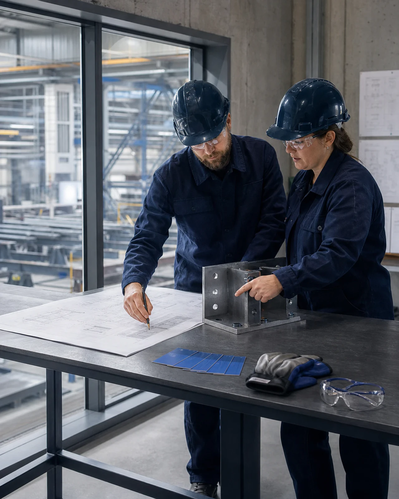 Technical team reviewing information before structural-steel work begins
