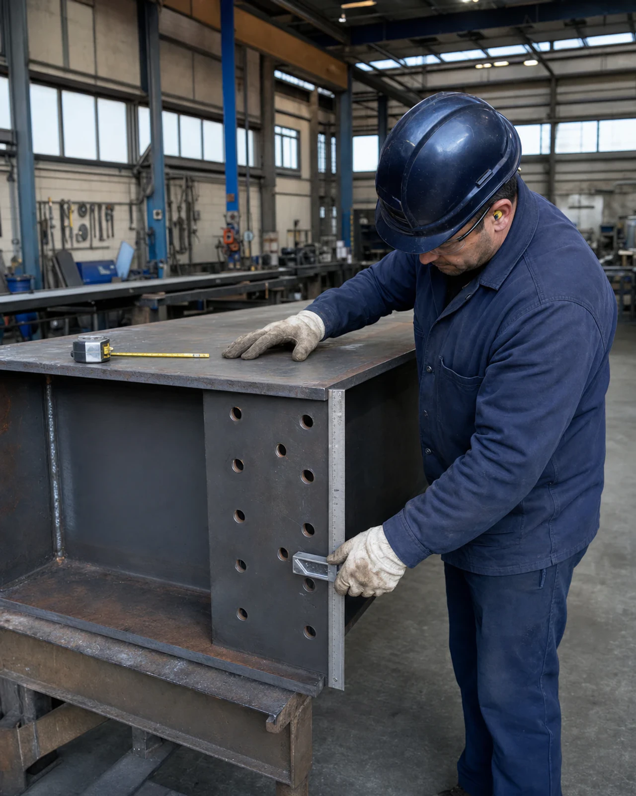 Assembleur vérifiant une poutre structurale en acier avant le soudage