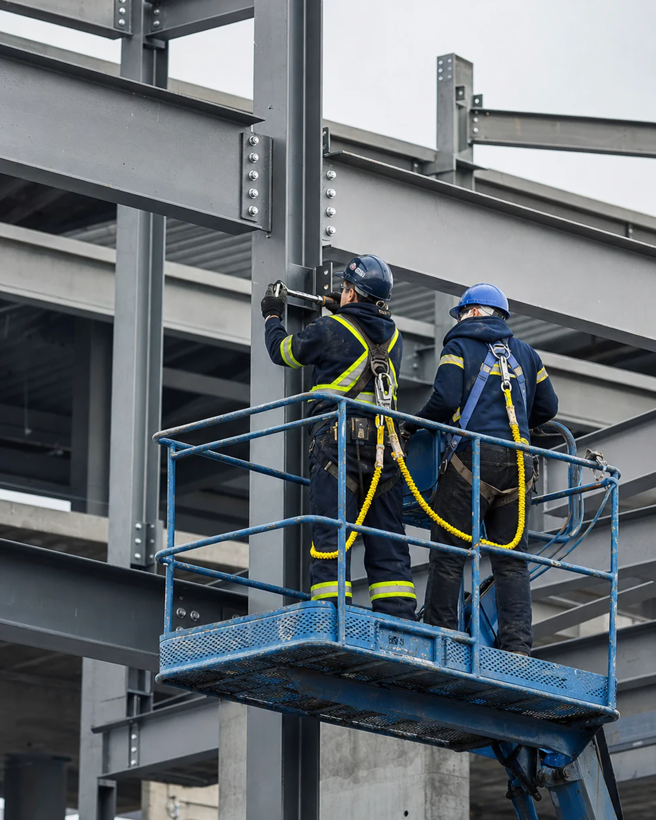 Équipe de chantier réalisant un assemblage sur une charpente d’acier