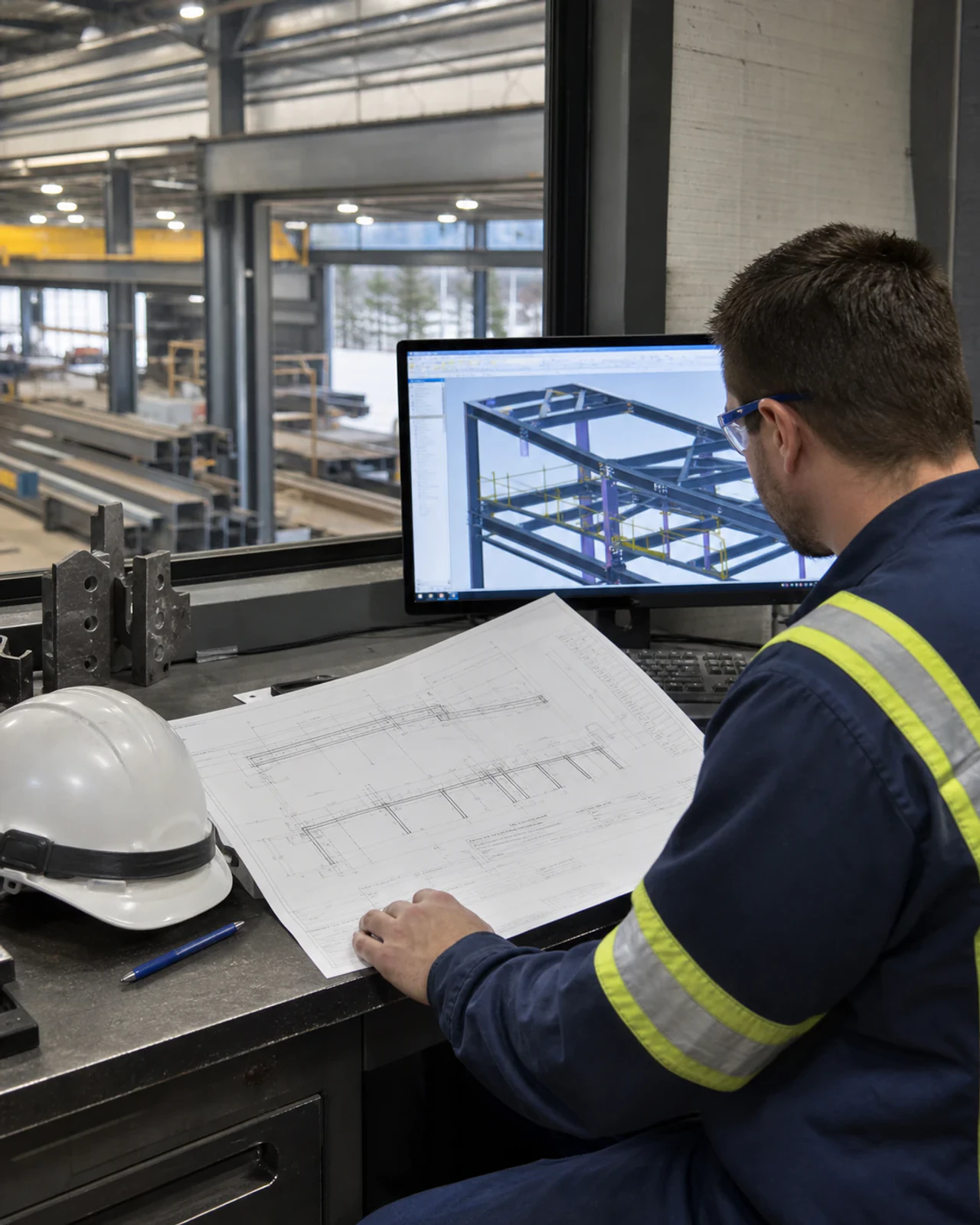 Detailer comparing a structural model with a project drawing