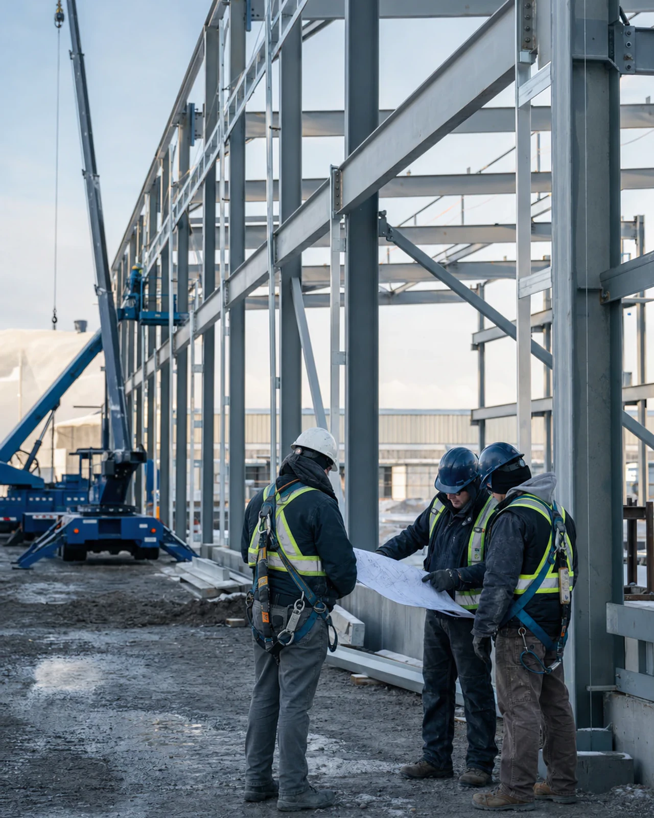 Field team reviewing the erection sequence for a steel frame