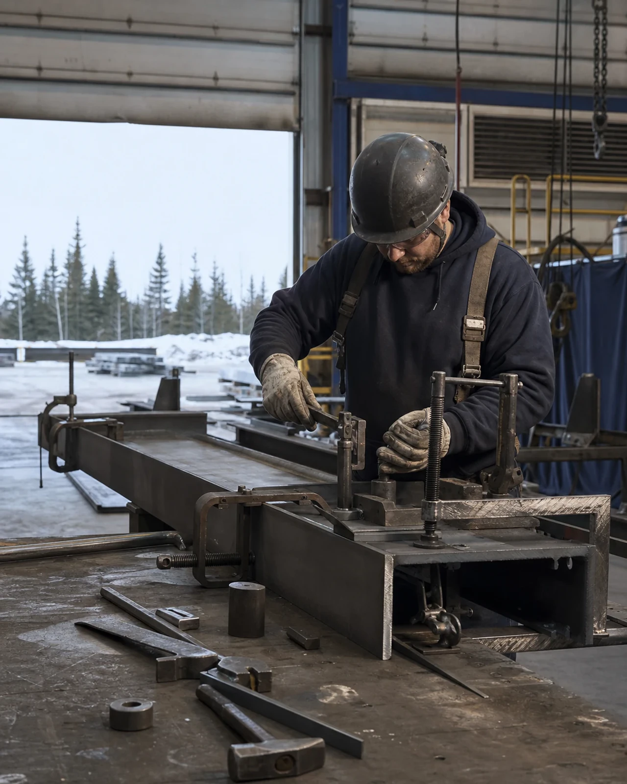 Traditional steel fitting tools in use on a workshop table