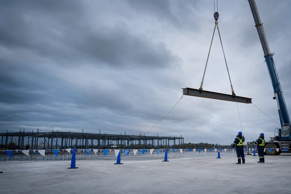 Poutre d’acier mise en place durant le montage sur chantier