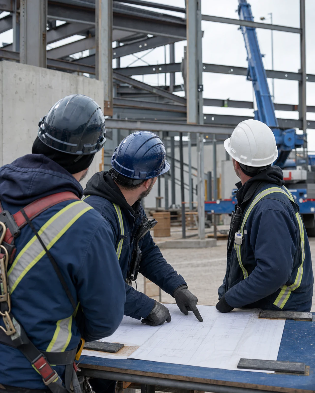 Équipe de chantier examinant la séquence de montage d’une structure d’acier avant un levage