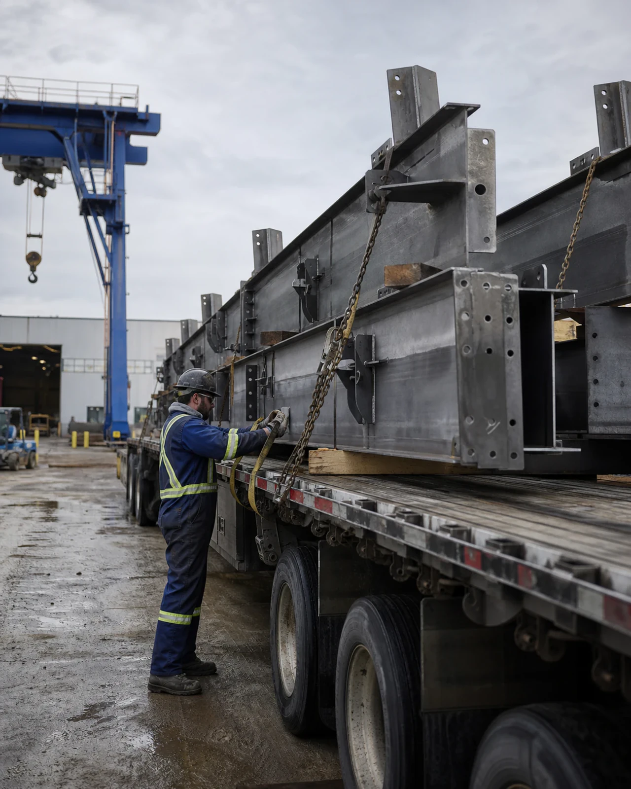 Fabricated steel beams secured and prepared for delivery