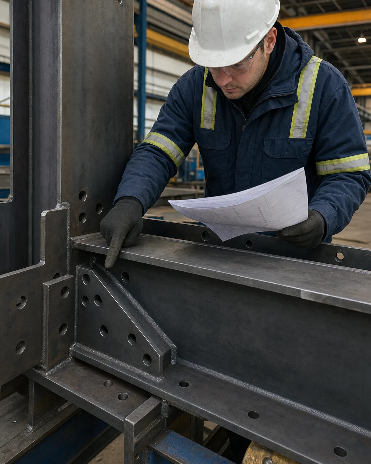 Engineer coordinating a structural detail with a fabricated steel node